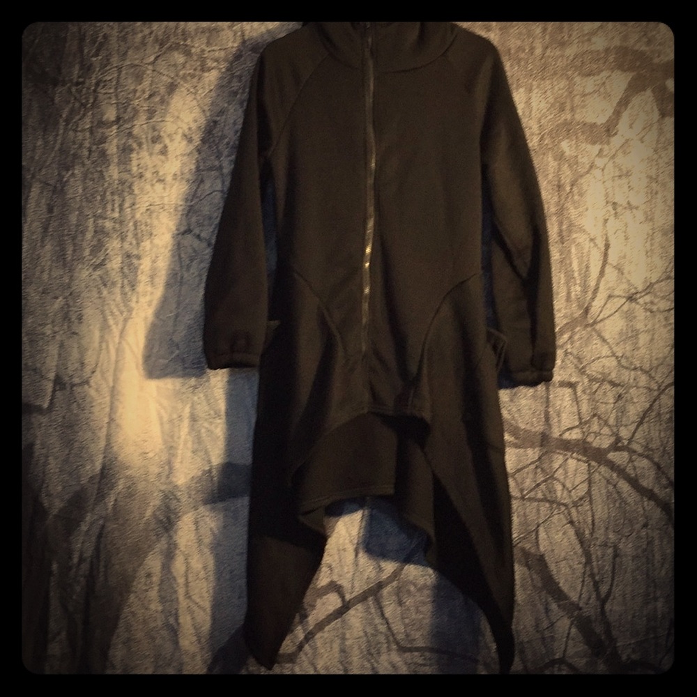 Asymmetrical hooded fleece coat. Goth witch style